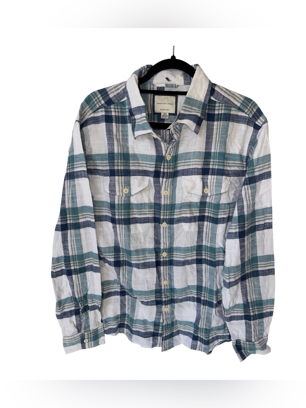 American Eagle Outfitters Unisex Blue & Green Plaid Button-Down Shirt